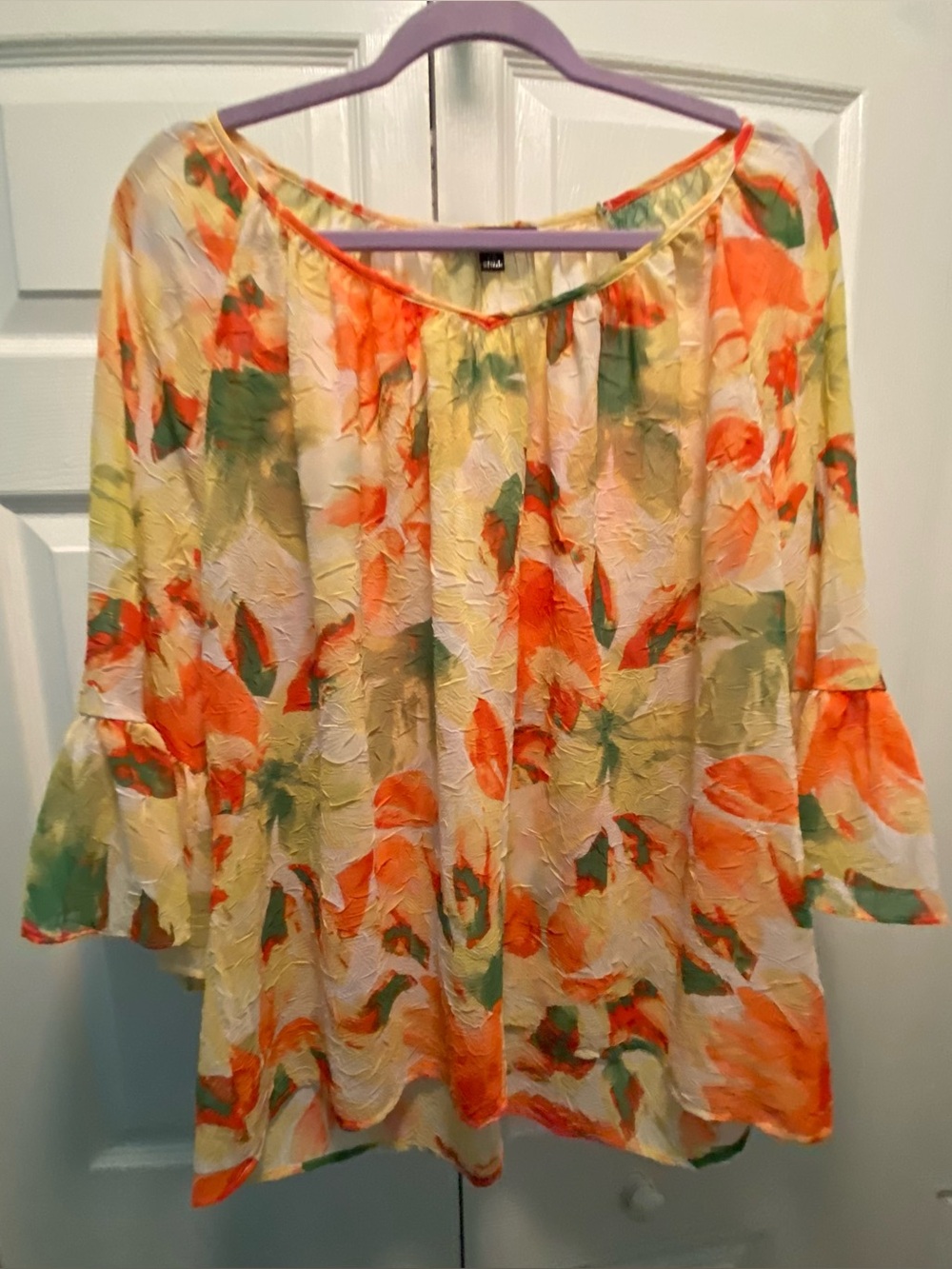 Sara Michelle Watercolor Abstract Yellow, Green, Orange Floral Sheer Blouse  2X